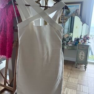 Herve Leger Cream One-Shoulder Cross-Strap Bandage Dress